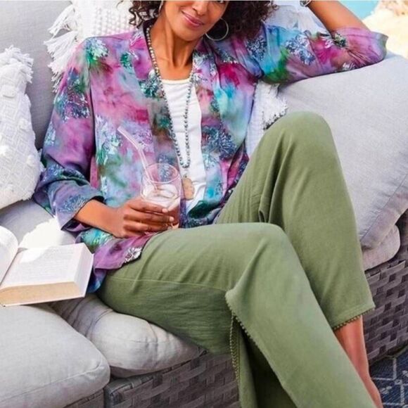 Soft Surroundings Watercolor Floral Batik Open Front Topper Cardigan Kimono Sz. - Picture 1 of 8